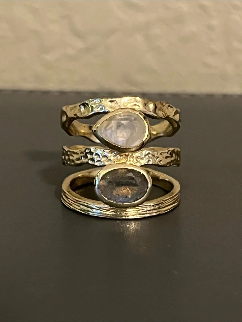 Gold Hammered Stacking Rings with Moonstone and Labradorite - Women's Jewelry